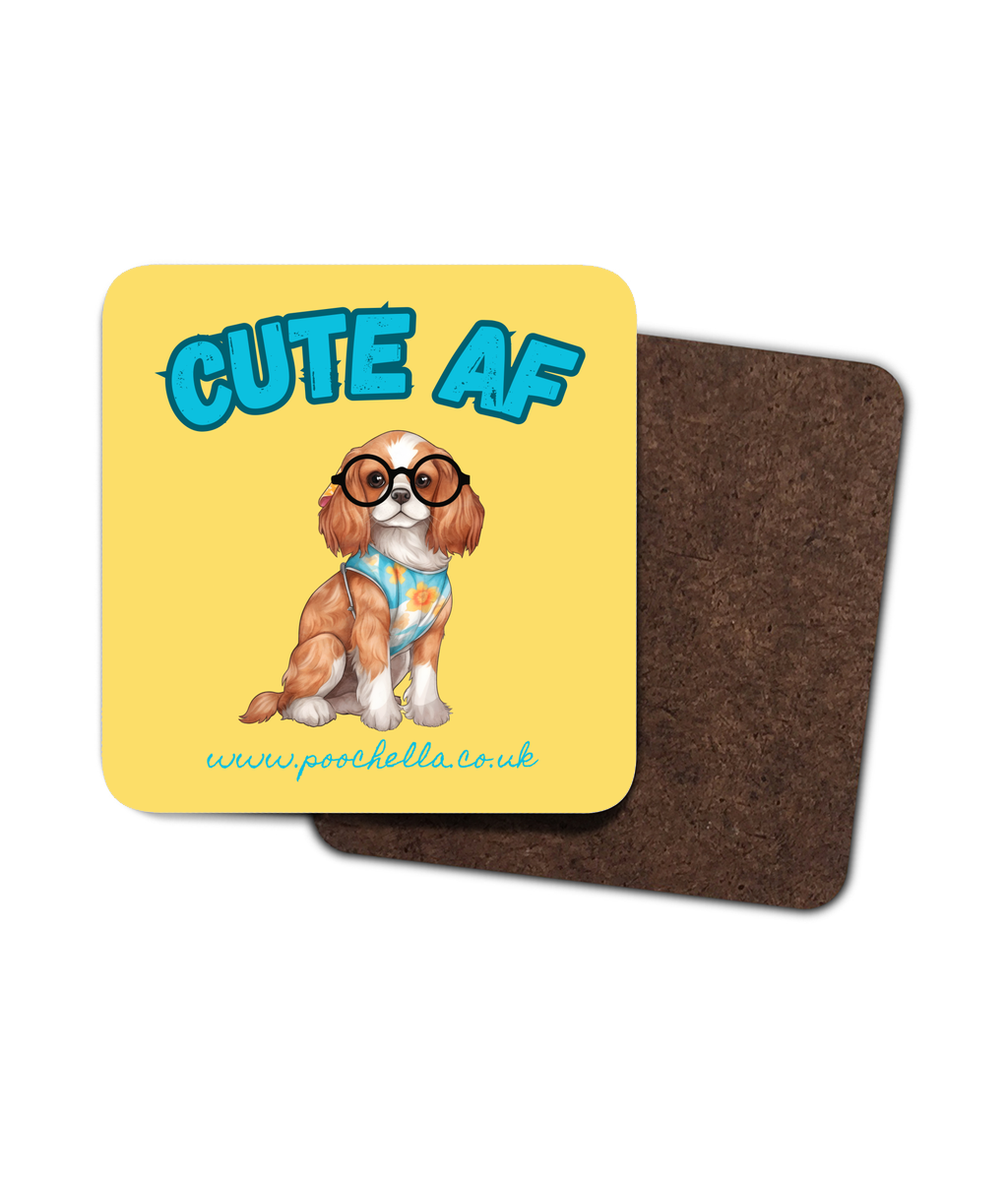 Poochella® Cute AF King Charles Cavalier Square Wood Dog Coaster Yellow