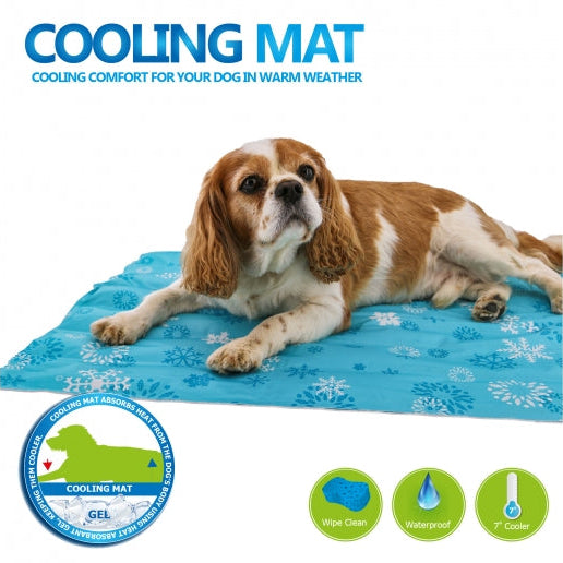 Dog lying on a cooling mat with text about cooling comfort for dogs in warm weather.