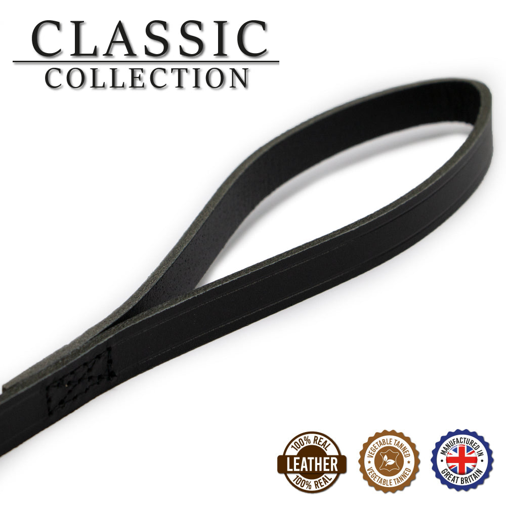 close up of black leather lead