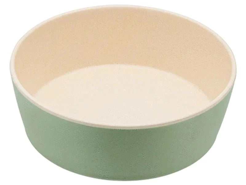Green and beige bamboo dog bowl on a white background