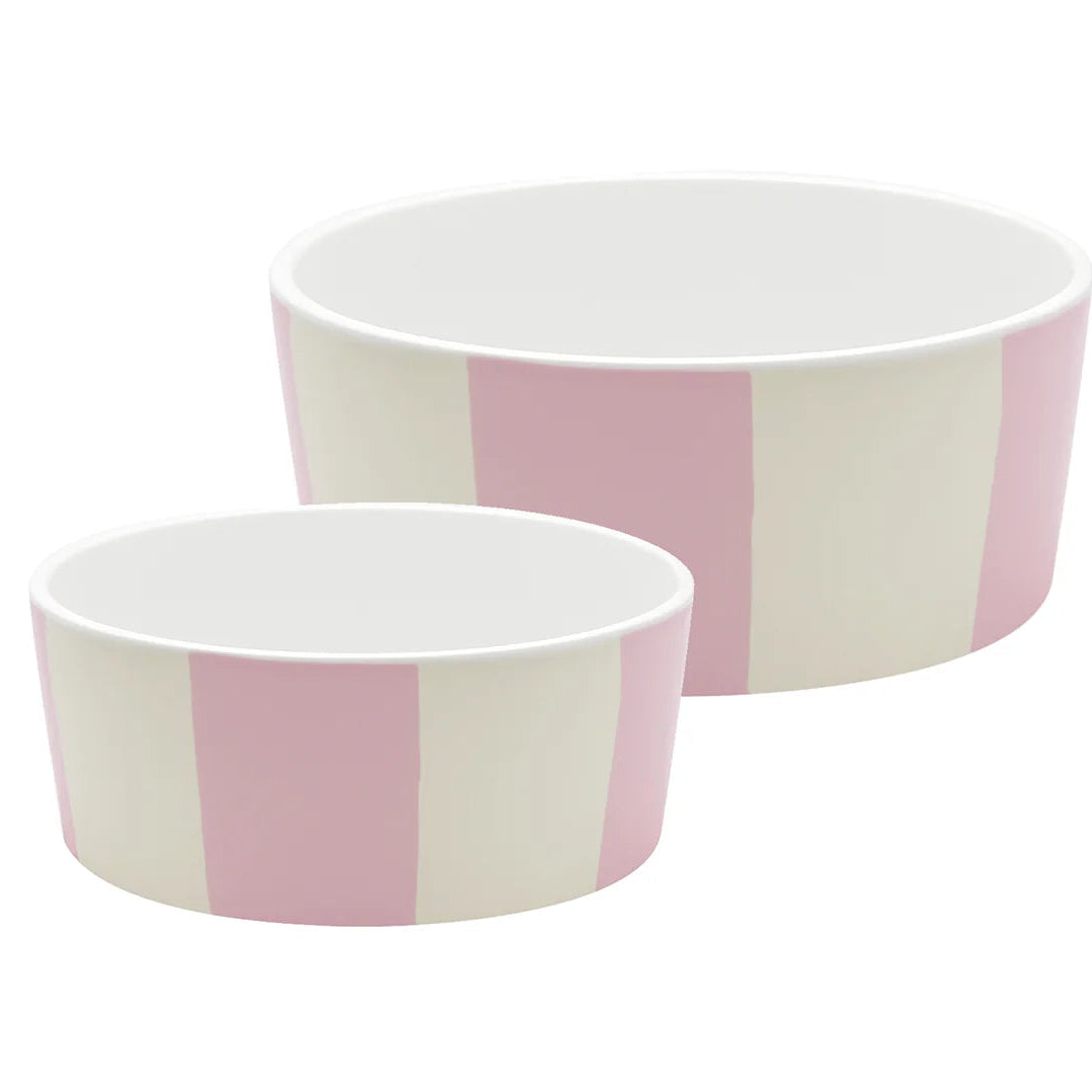 Two ceramic pet bowls with pink and white striped pattern on a white background