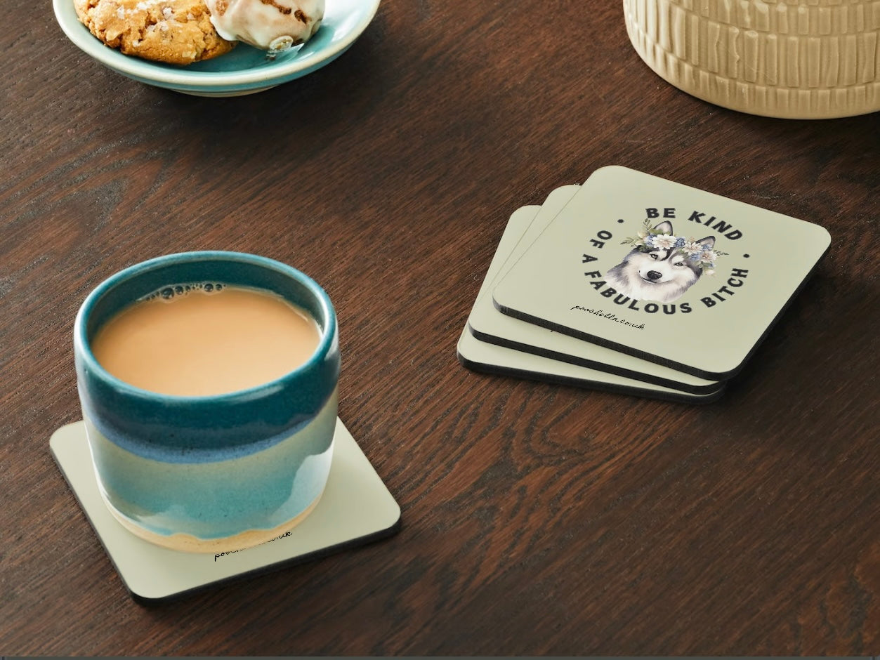 Poochella® Be Kind…of a Fab Bitch Husky Dog Green Wood Square Coaster