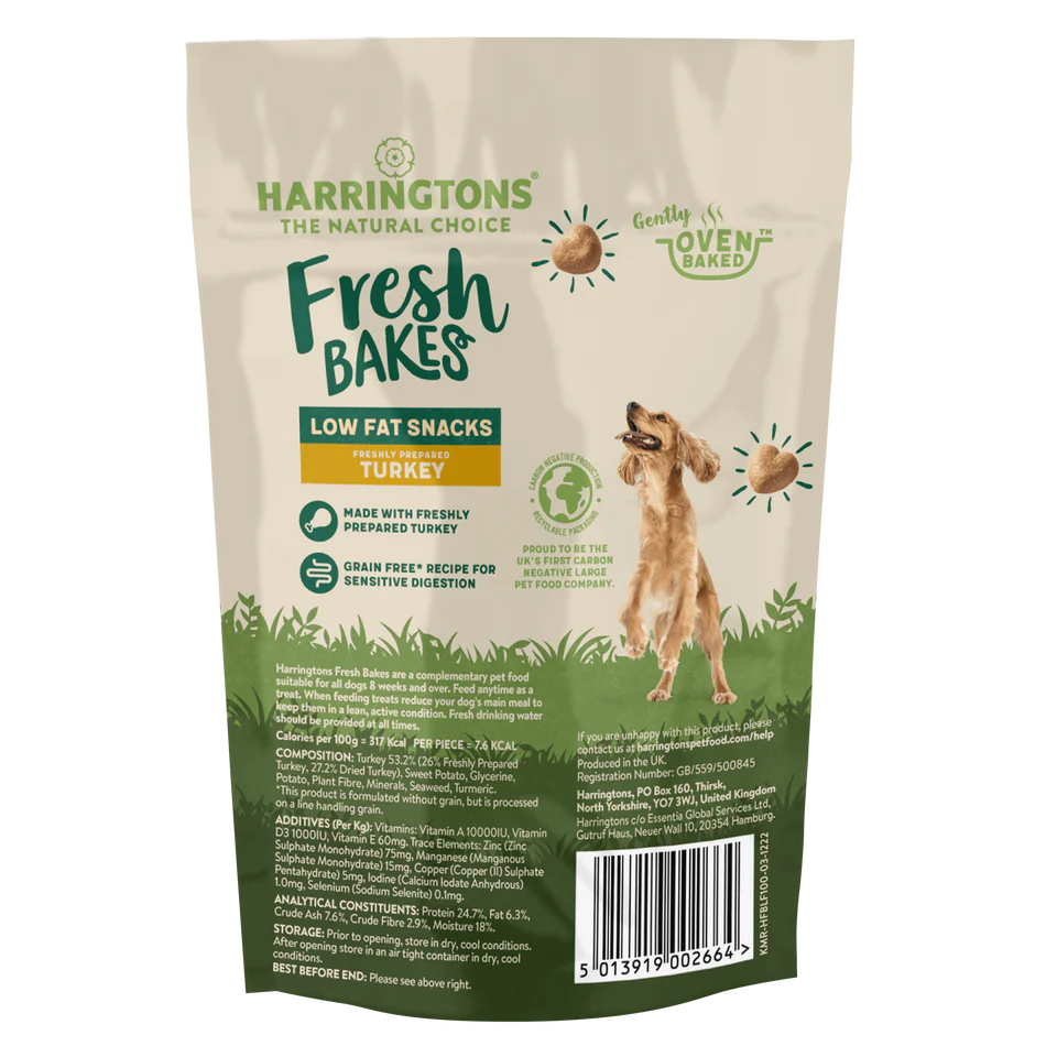 Harringtons Fresh Bakes dog food package with a dog on the label