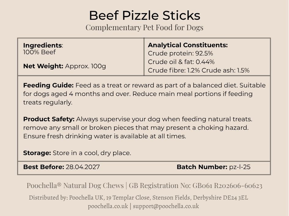 Product label for Beef Pizzle Sticks complementary pet food for dogs with details on ingredients, analysis, feeding guide, and storage.
