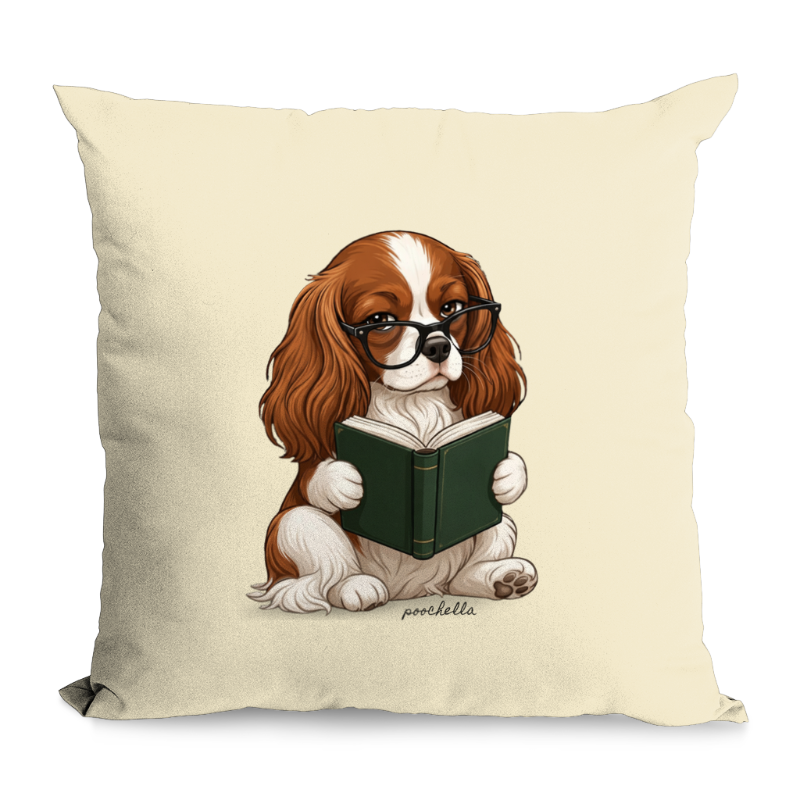 Pillow with a dog reading a book wearing glasses on a beige background