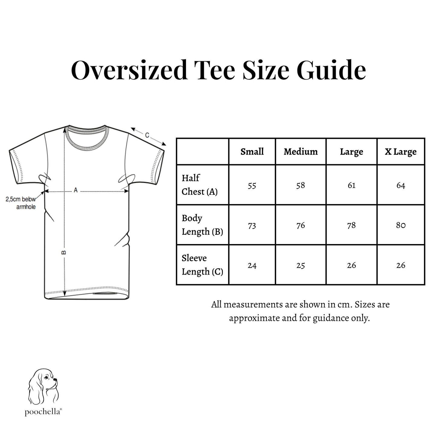 Oversized tee size guide with measurements and poochella logo at the bottom.