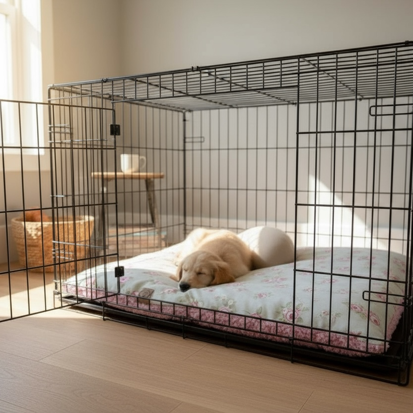 Dog lying inside a black metal dog crate in a room with a light-colored floor and walls.
