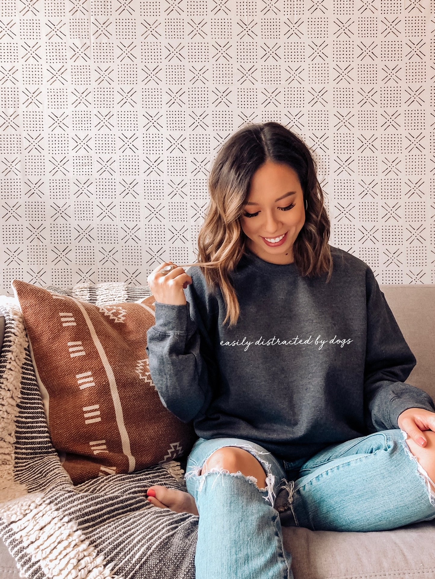 Belle Bespoke 'Easily Distracted by Dogs' Sweatshirt Sand/Charcoal