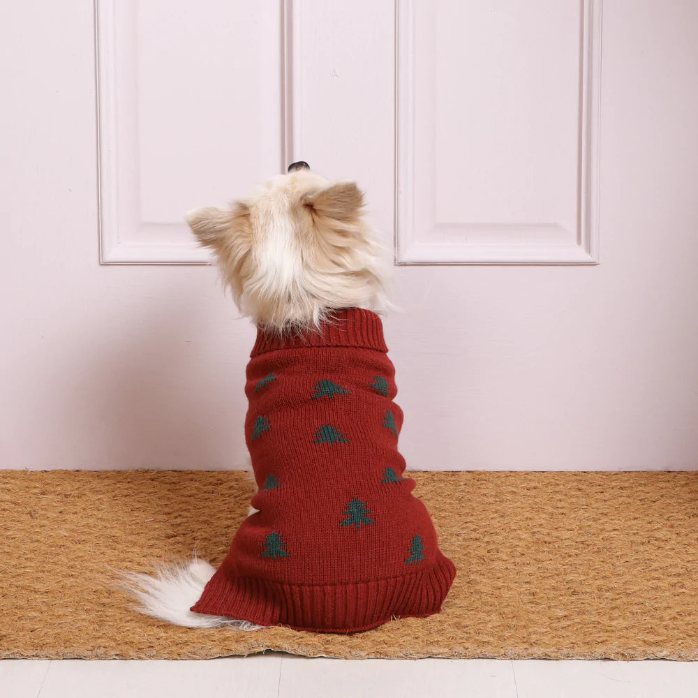 Festive Christmas Tree Dog Jumper Dark Red & Green
