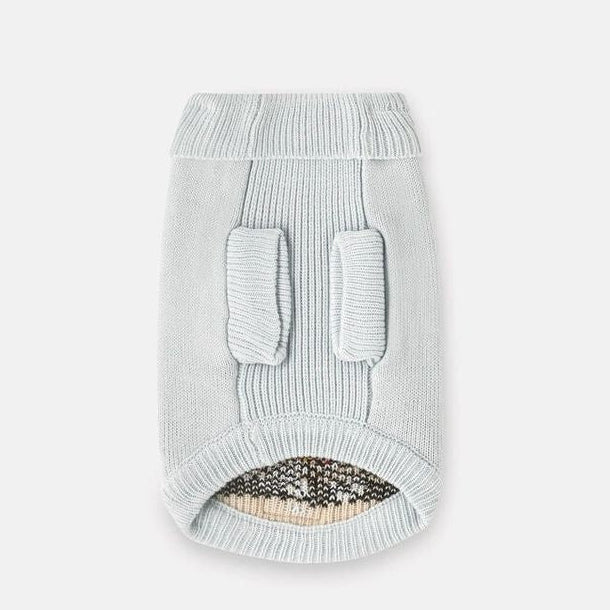 Light blue knitted dog sweater with front pocket on a white background