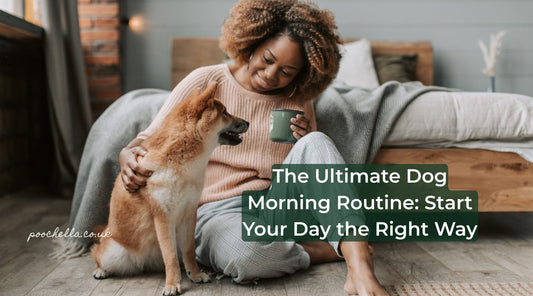 woman with a cup of tea and stroking her dog 