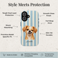 A phone case with a light blue and white vertical stripe pattern and a printed portrait of a Chihuahua dog, shown on a textured light background with feature callouts and text including 'Style Meets Protection' and 'Designed by Poochella'.