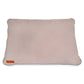Pink dog pillow with a small orange tag on a white background