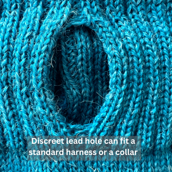 Close-up of blue textured fabric with a discreet lead hole, text overlay.
