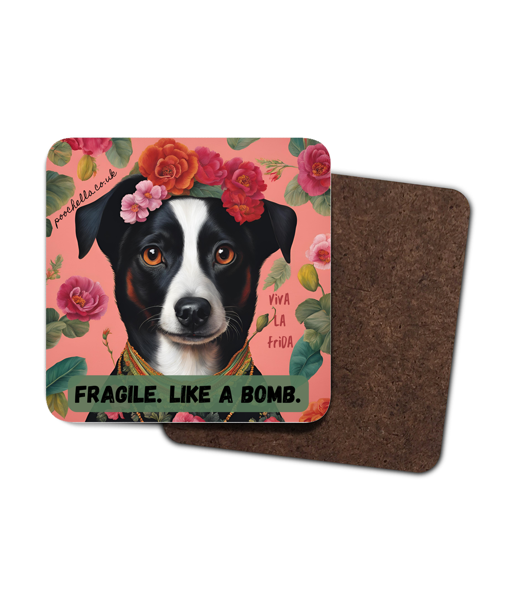 Poochella®️ Pack of 4 Viva La Frida Square Wood Coasters. Fragile. Like a Bomb