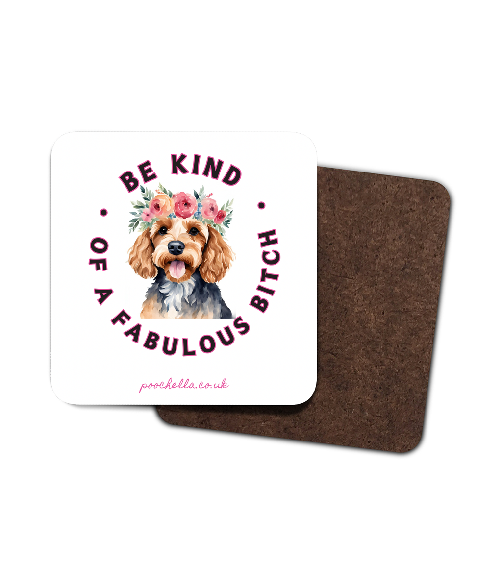 Poochella®️ Be Kind… of a Fab Bitch Cockapoo Square Wood Single Coaster