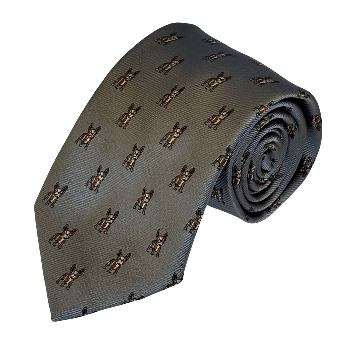 A rolled-up gray silk necktie featuring a repeating pattern of small brown and gold dog illustrations, shown against a plain white background.