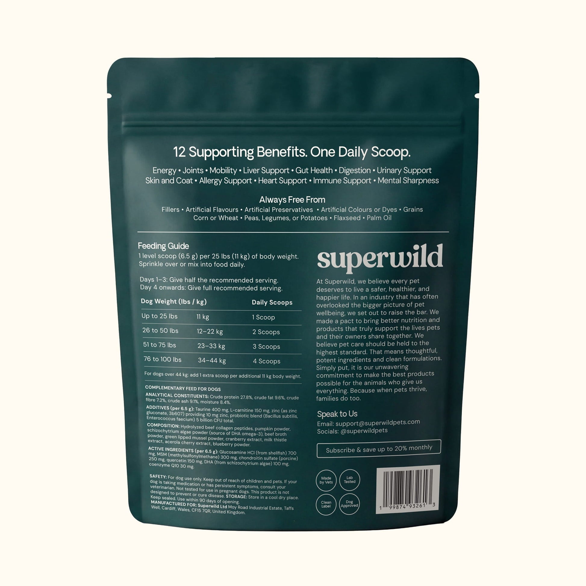 The back of a dark teal Superwild dog supplement pouch, displaying detailed text about benefits, feeding guide, and ingredients on a light cream background.