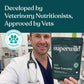 A veterinarian in a white lab coat holds a pouch of superwild Super Everyday dog supplement in a clinic setting. The top of the image features a teal banner with the text 'Developed by Veterinary Nutritionists, Approved by Vets' and a circular 'Veterinary Approved' badge.