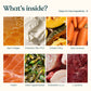 An informational ingredient graphic titled 'What's inside?' showing six ingredient panels with labels: Beef Collagen, Probiotics (5bn CFU), Pumpkin Fibre, Beta Carotene, CoQ10, Green Lipped Mussel, Chondroitin (Porcine), and L Carnitine. The top reads 'Swipe for more ingredients →'.
