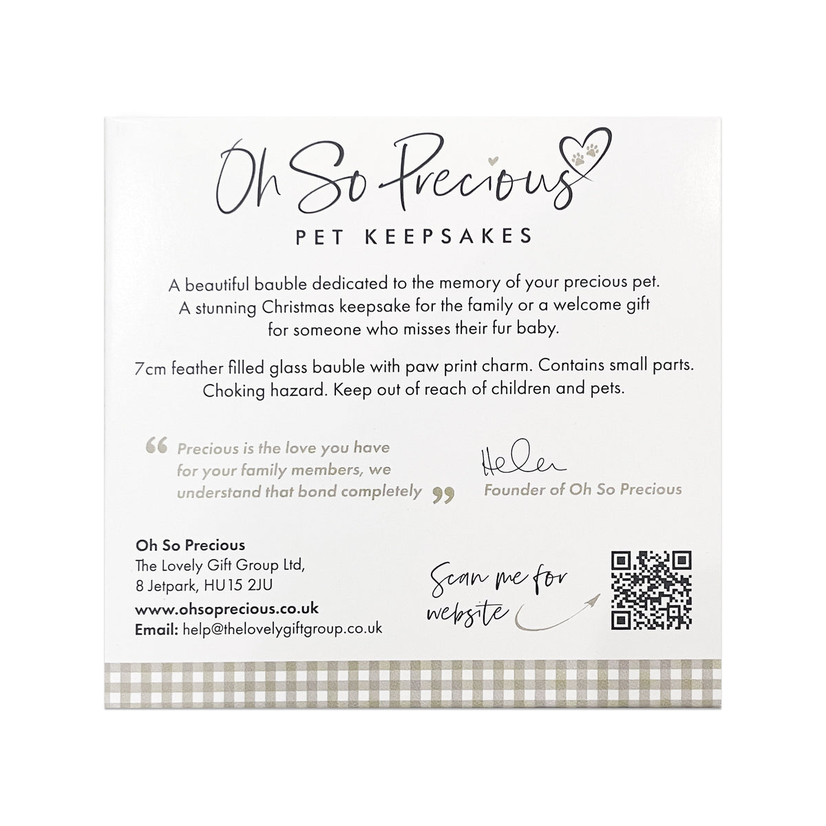 Product information card for 'Oh So Precious' pet keepsakes with text and branding details.