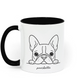 Mug with a black and white illustration of a dog's face and 'poochelles' text on a white background
