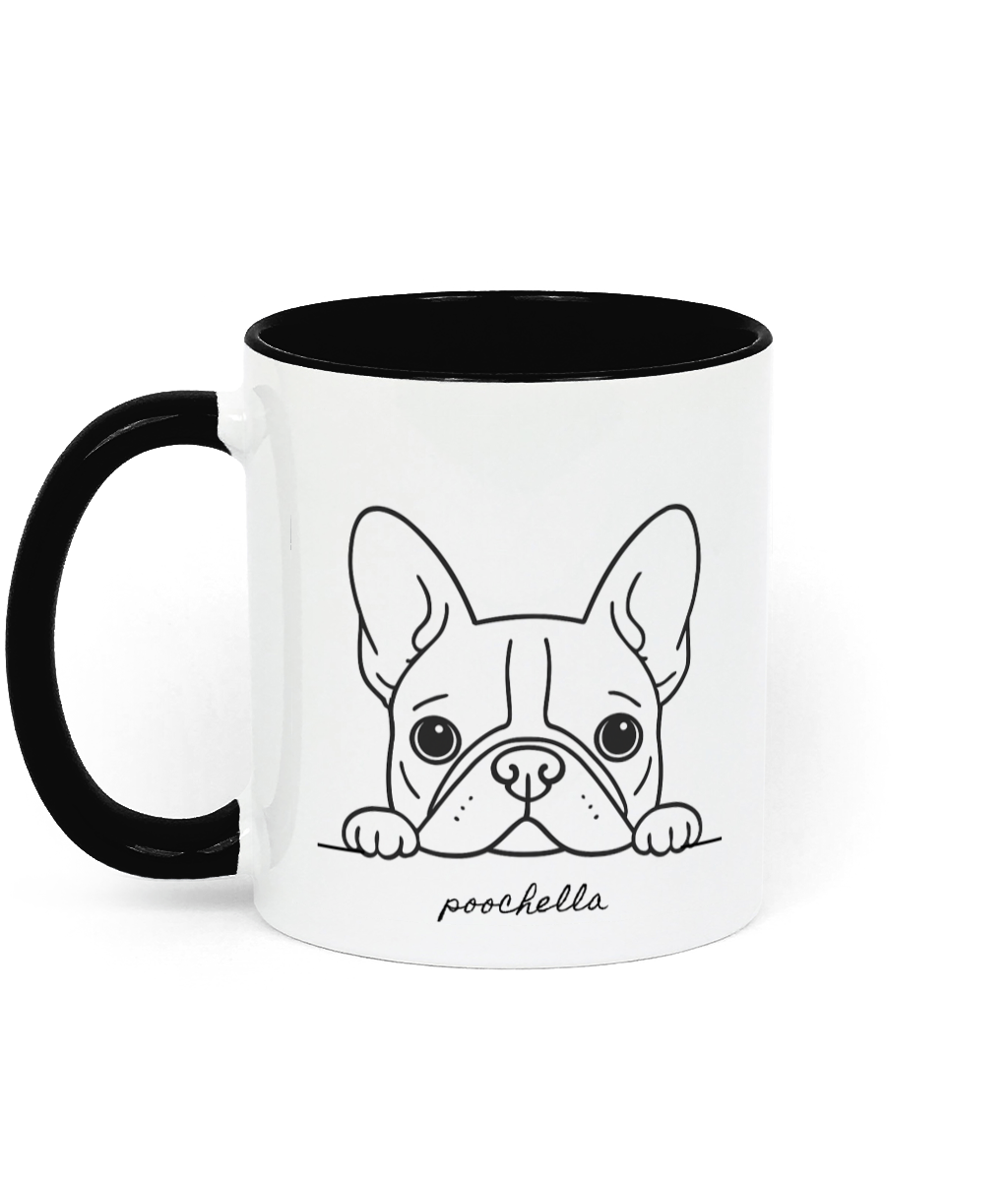Mug with a black and white illustration of a dog's face and 'poochelles' text on a white background