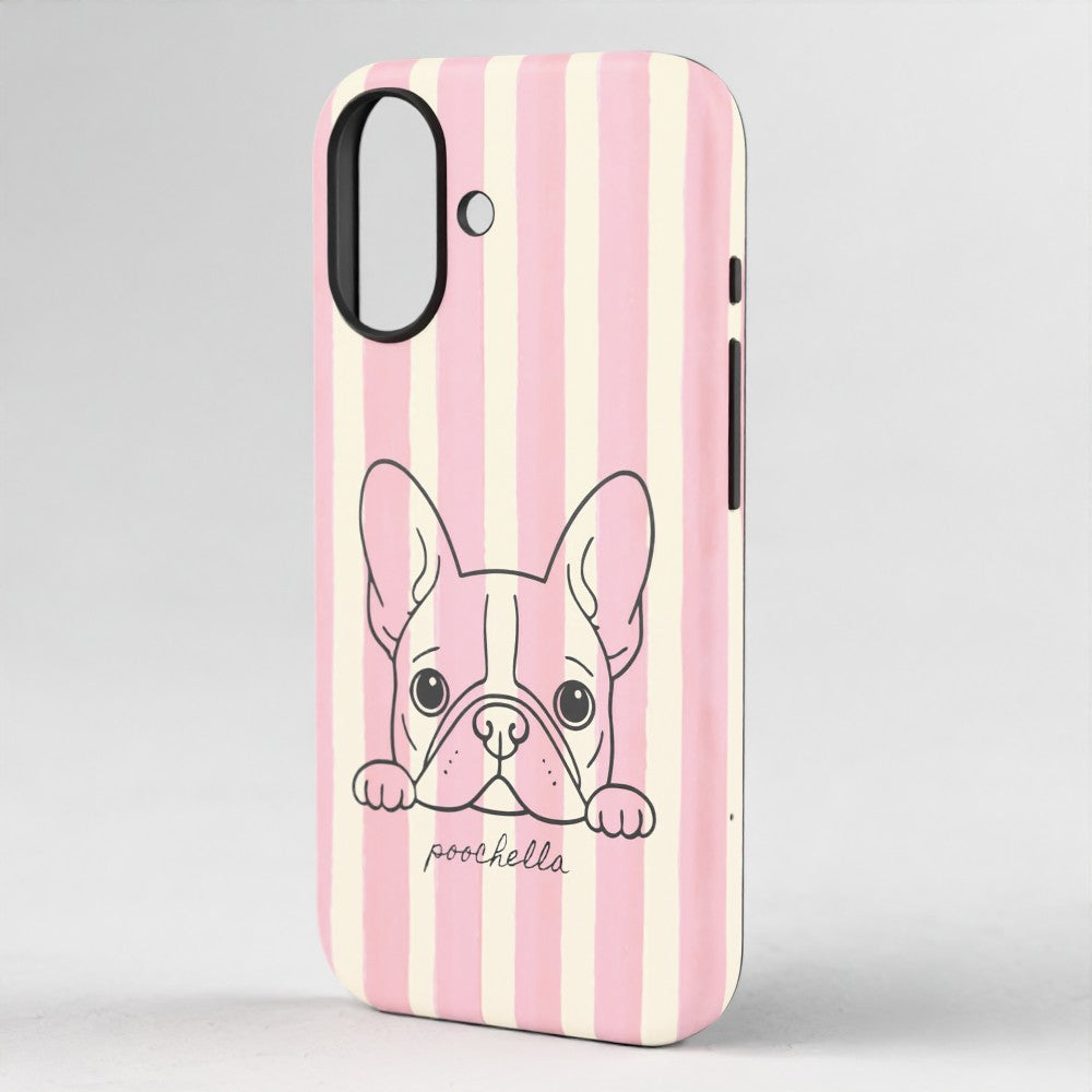 A phone case with vertical pink and cream stripes, featuring a black line art illustration of a French Bulldog peeking over the bottom edge with the word 'poochella' written in cursive below.