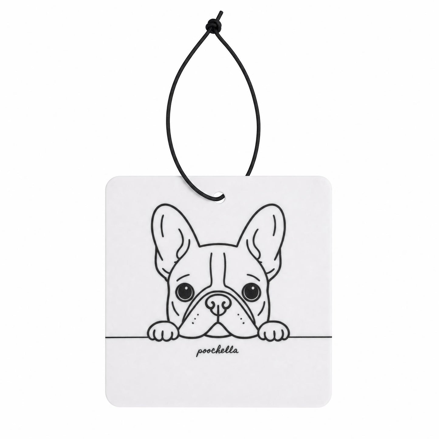 Car air freshener with a black and white illustration of a dog on a white background