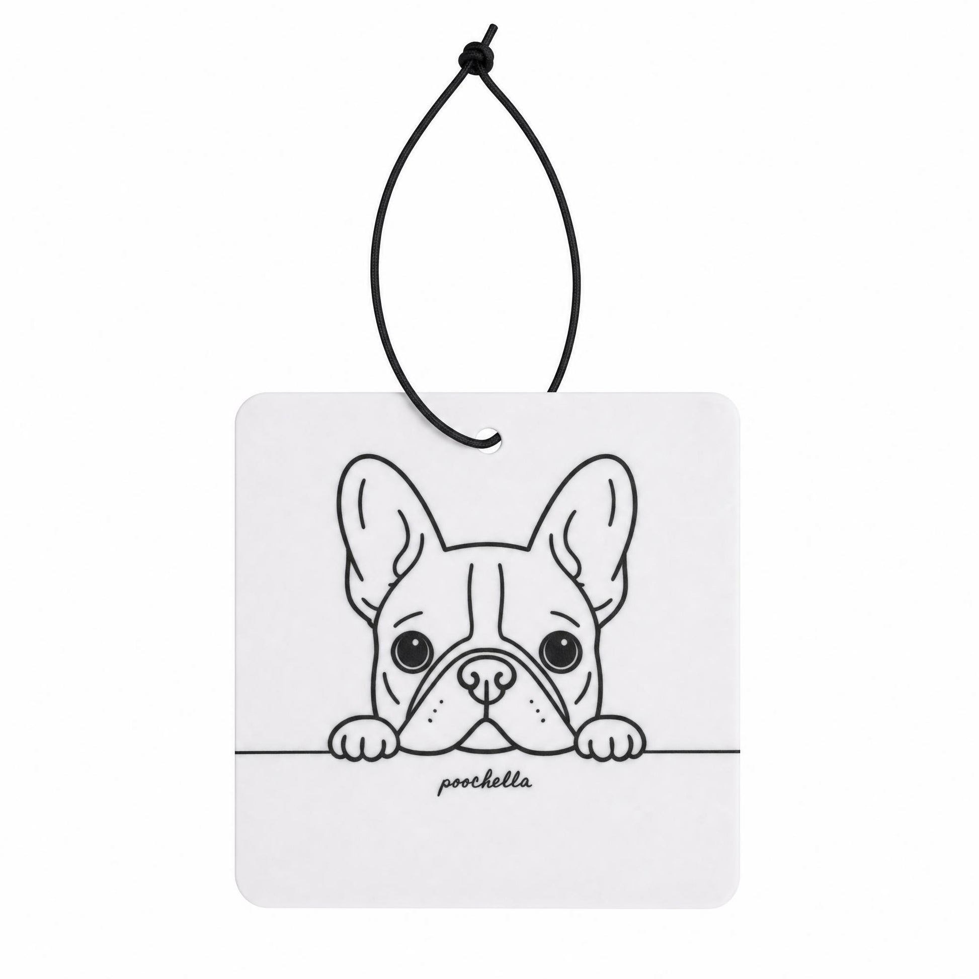 Car air freshener with a black and white illustration of a dog on a white background