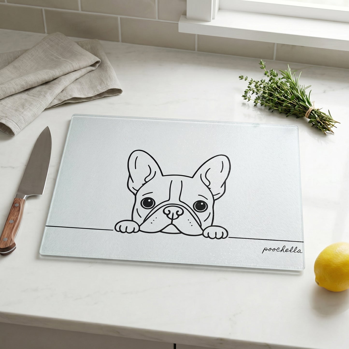 Glass cutting board with a french bulldog illustration on a kitchen counter with a knife, lemon, and herbs.