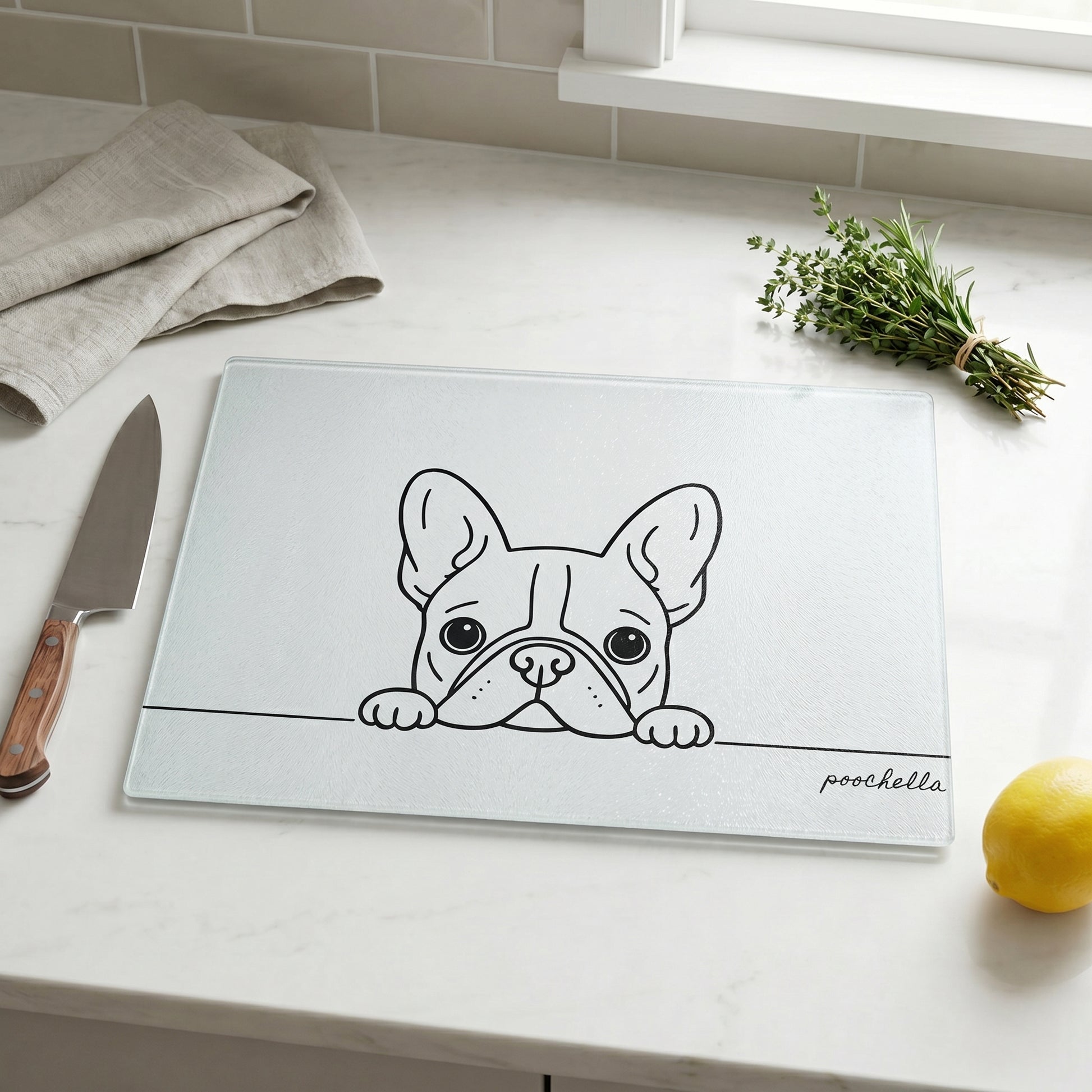 Glass cutting board with a french bulldog illustration on a kitchen counter with a knife, lemon, and herbs.