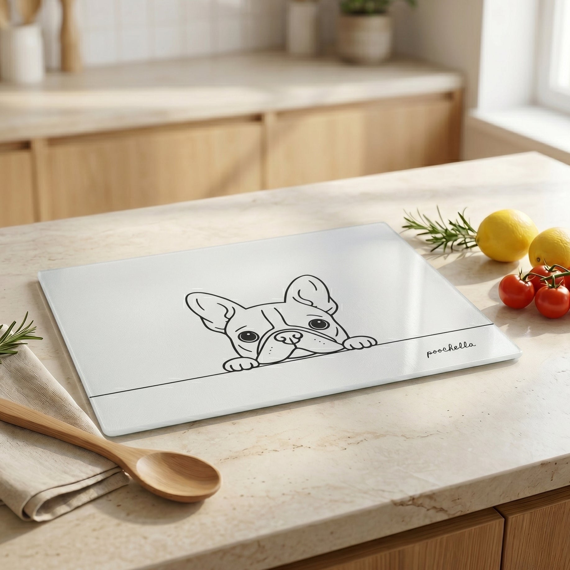 Chopping board with a dog illustration on a kitchen counter