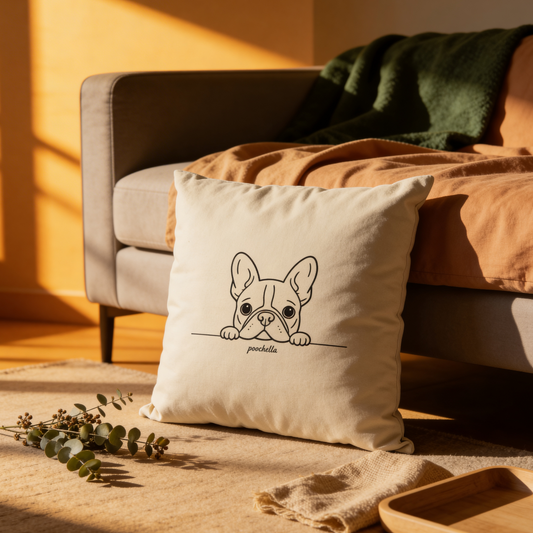 Decorative pillow with a french bulldog illustration on a couch in a sunlit room
