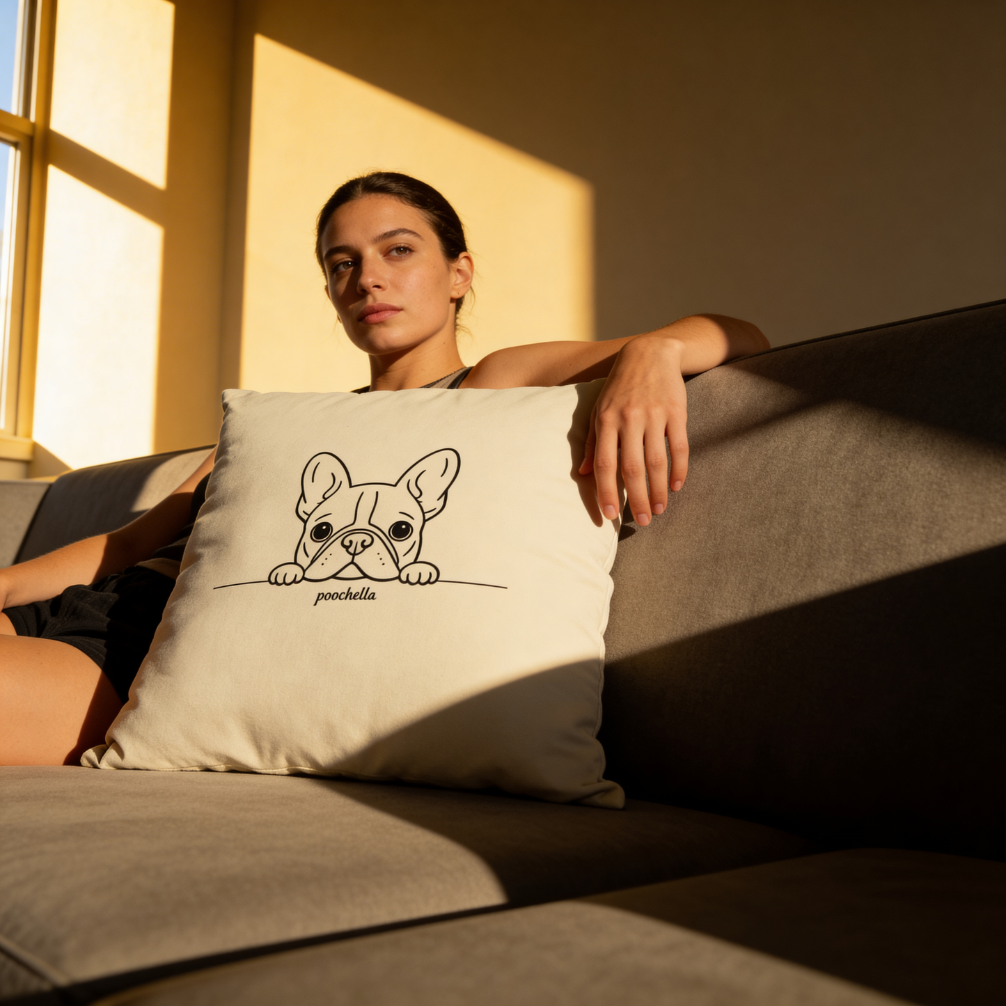 The French Hello Organic Cotton Cushion – Minimal French Bulldog Home Decor | Poochella®