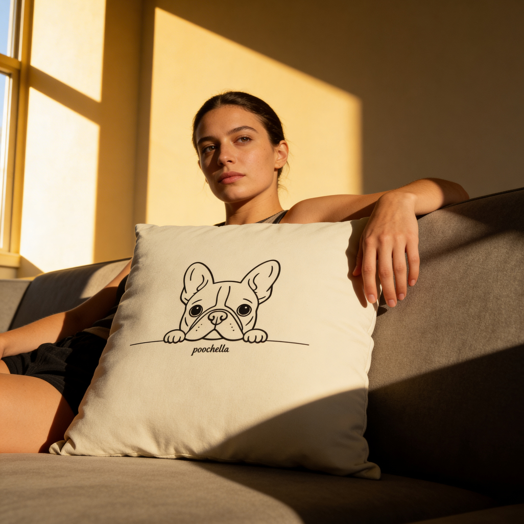 Woman holding a pillow with a dog illustration on a couch