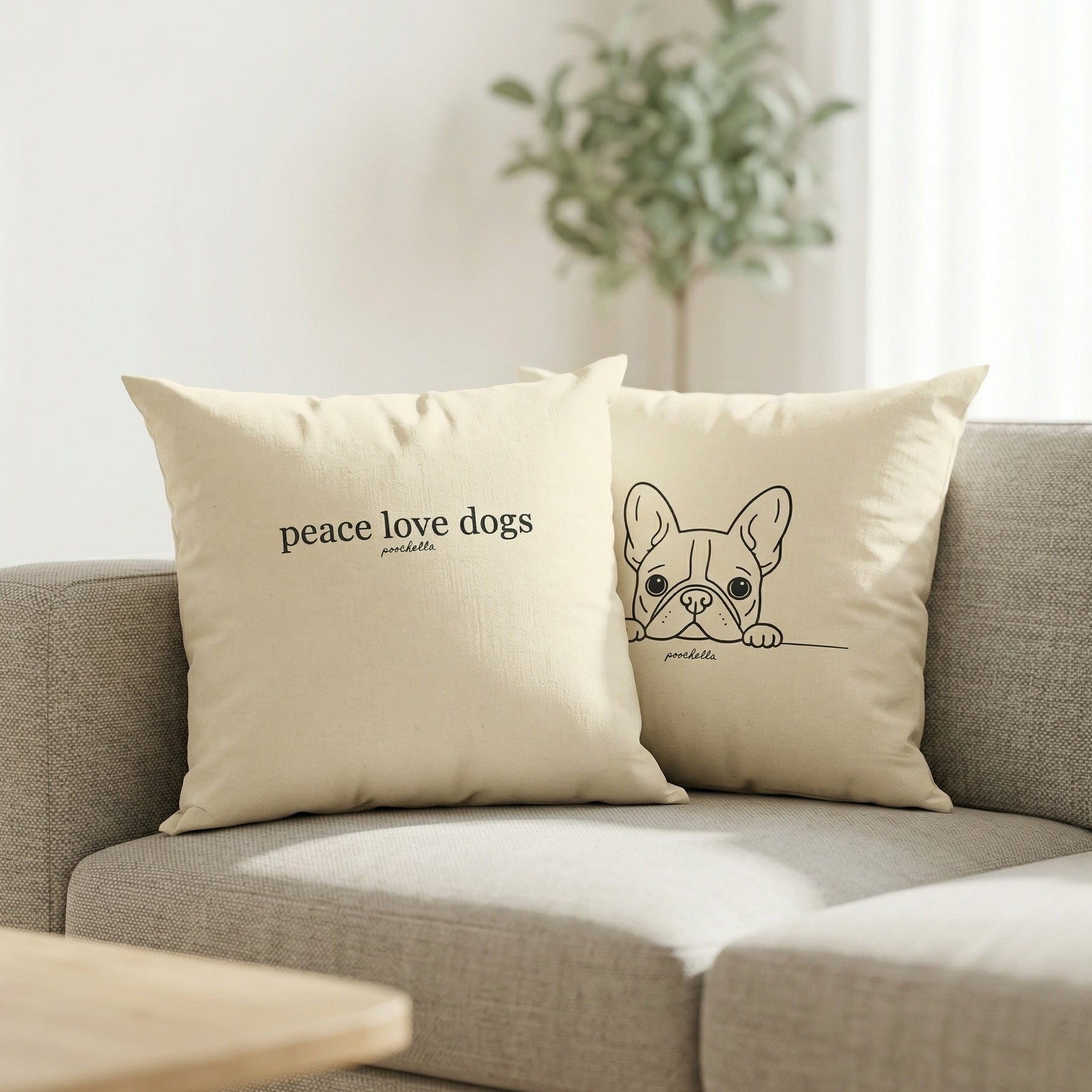 Two pillows on a sofa with 'peace love dogs' text and a dog illustration.