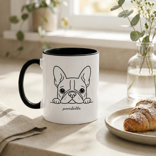 White mug with black handle featuring a french bulldog illustration on a kitchen counter with a croissant and vase.