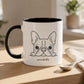 Mug with a dog illustration on a wooden surface with natural light