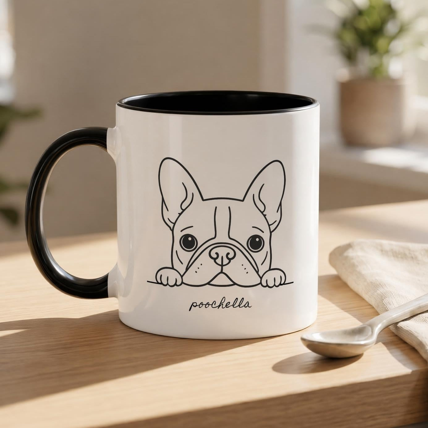 Mug with a dog illustration on a wooden surface with natural light