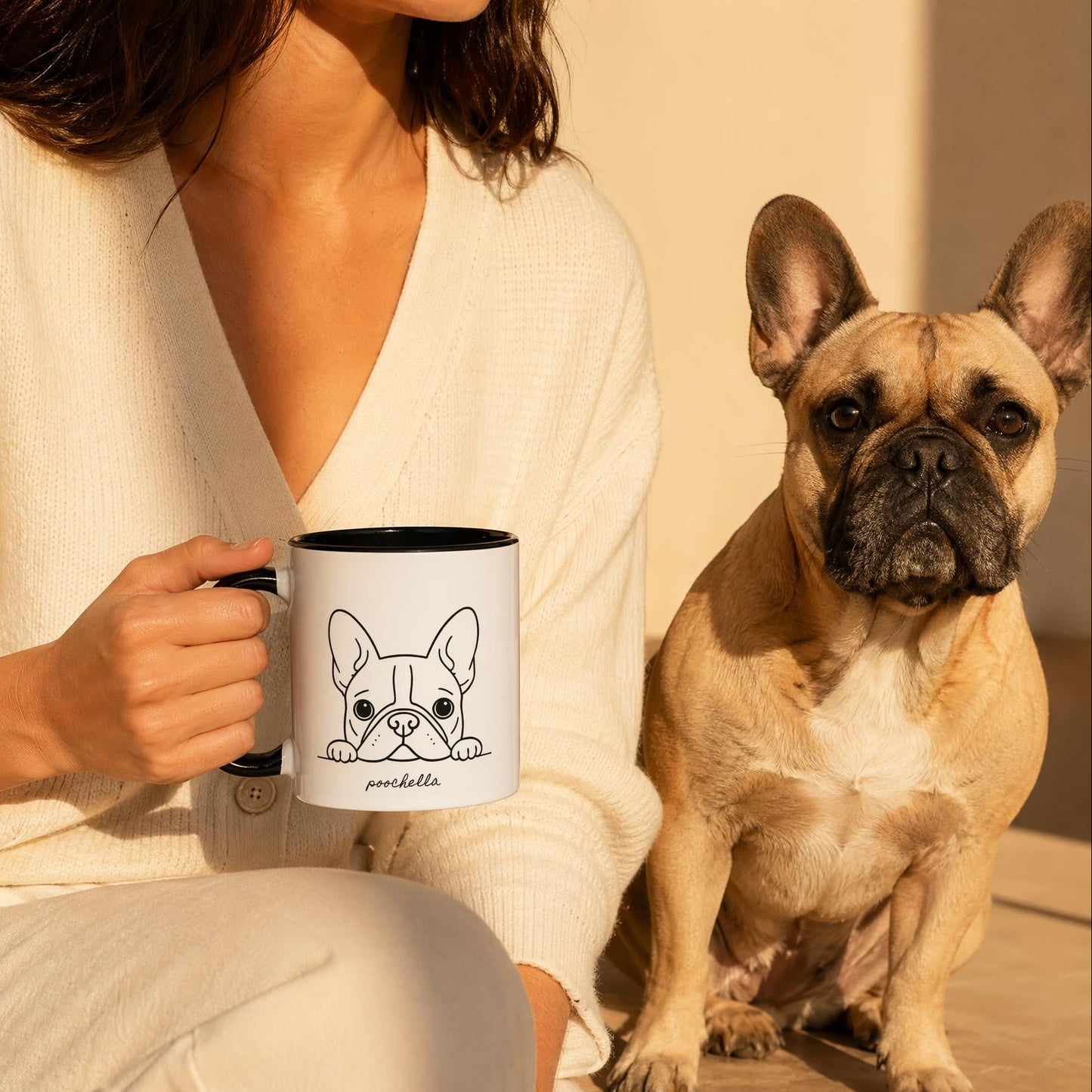 Person holding a mug with a dog design, sitting next to a french bulldog on a wooden floor.