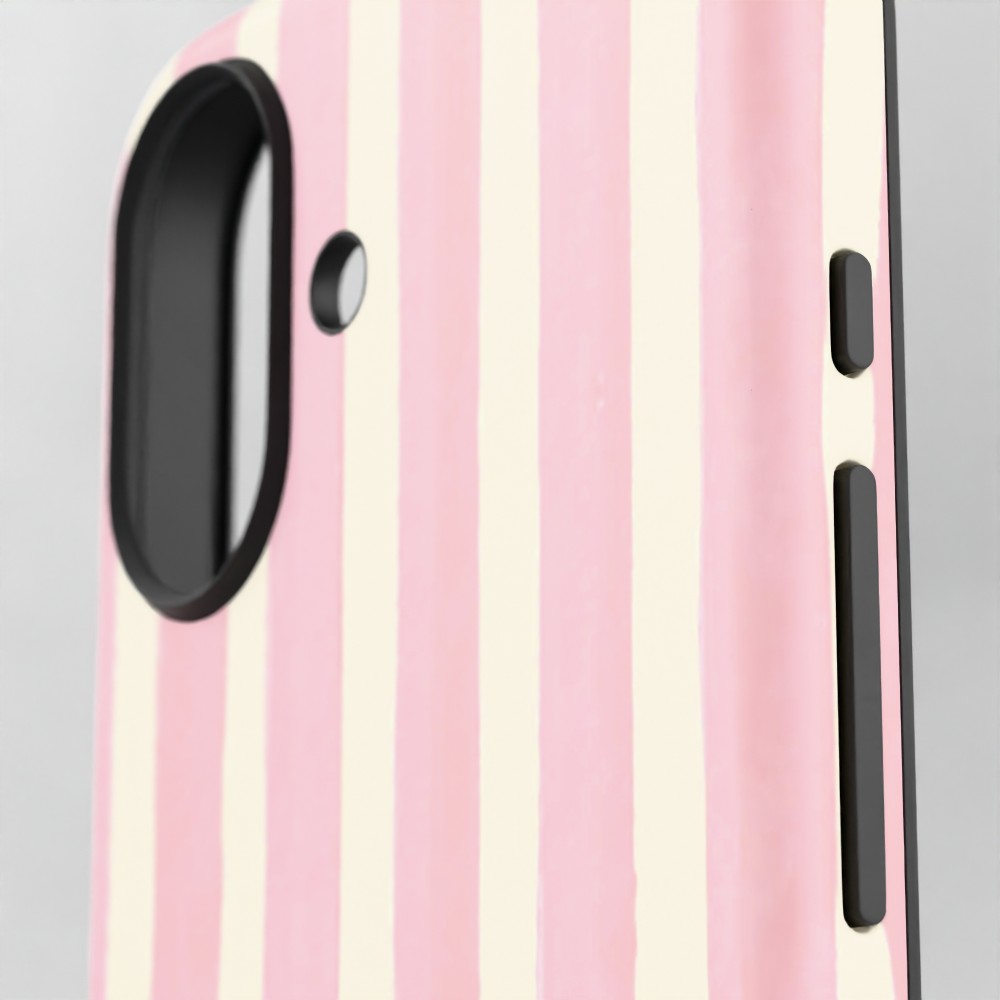 Close-up of a phone case with vertical pink and cream stripes, featuring a black camera cutout and side button covers.