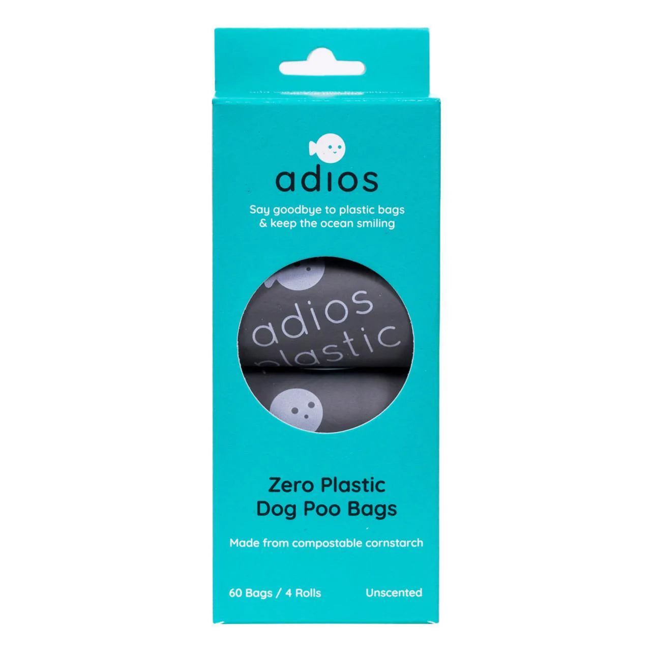 Adios zero plastic dog poo bags packaging on a white background