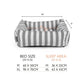 Gray and white striped pet bed with dimensions on a white background