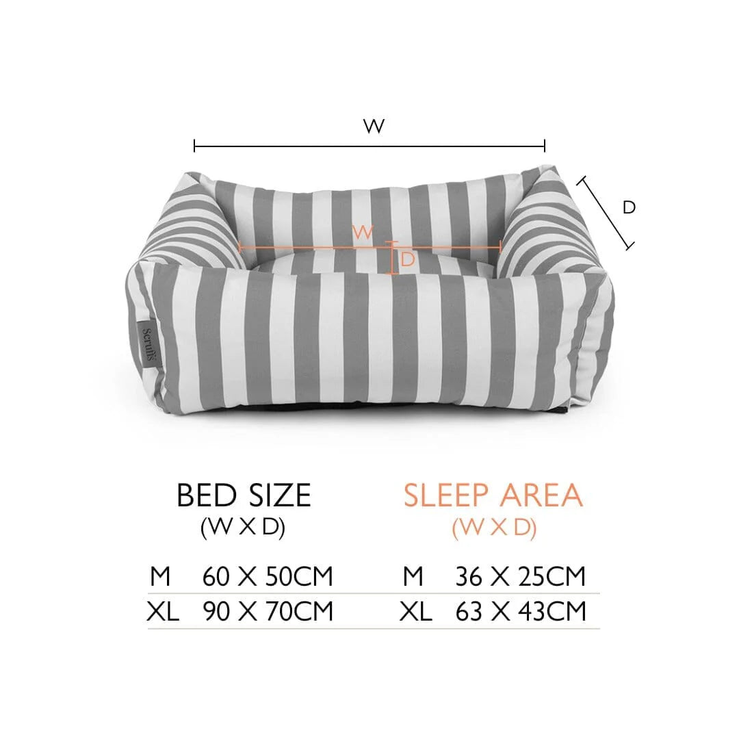 Gray and white striped pet bed with dimensions on a white background