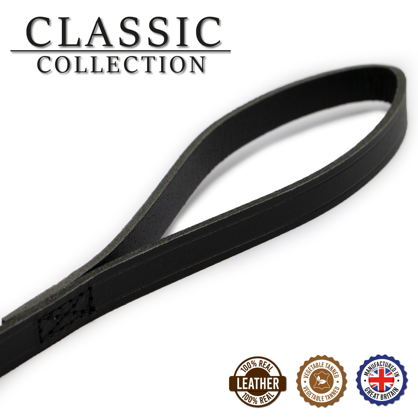 close up of black leather lead