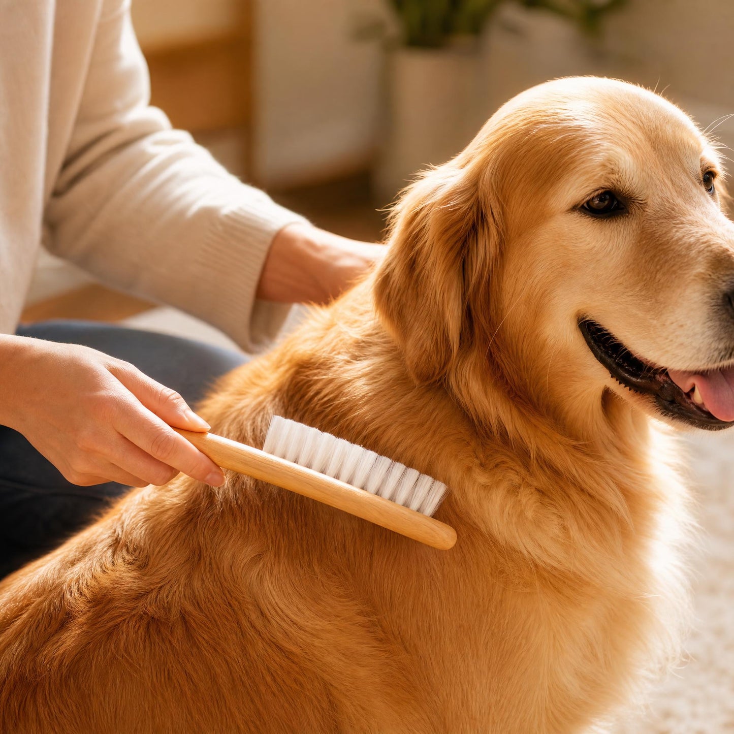 Person brushing a golden dog with a wooden brush in a cozy indoor setting.