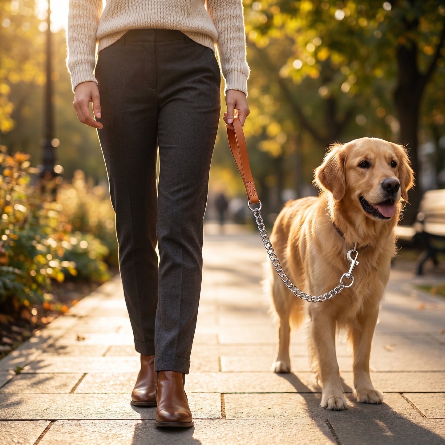 dog walking on chain lead
