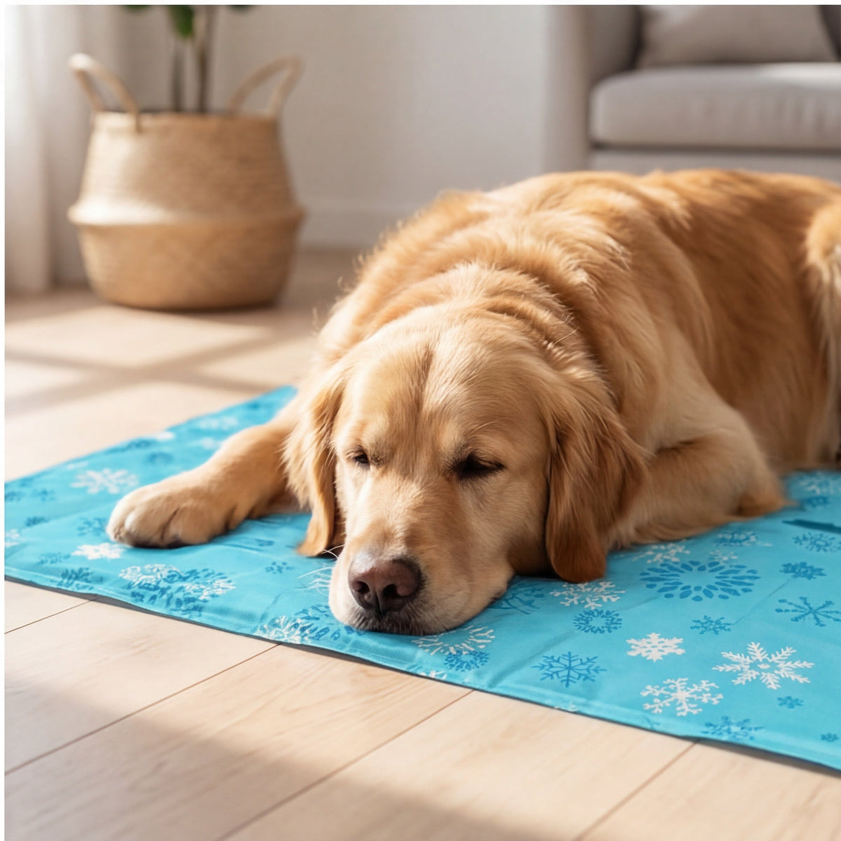 Dog lying on a blue cooling pad with snowflake patterns in a home setting.
