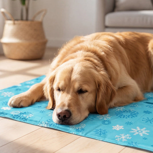 Dog lying on a blue cooling pad with snowflake patterns in a home setting.